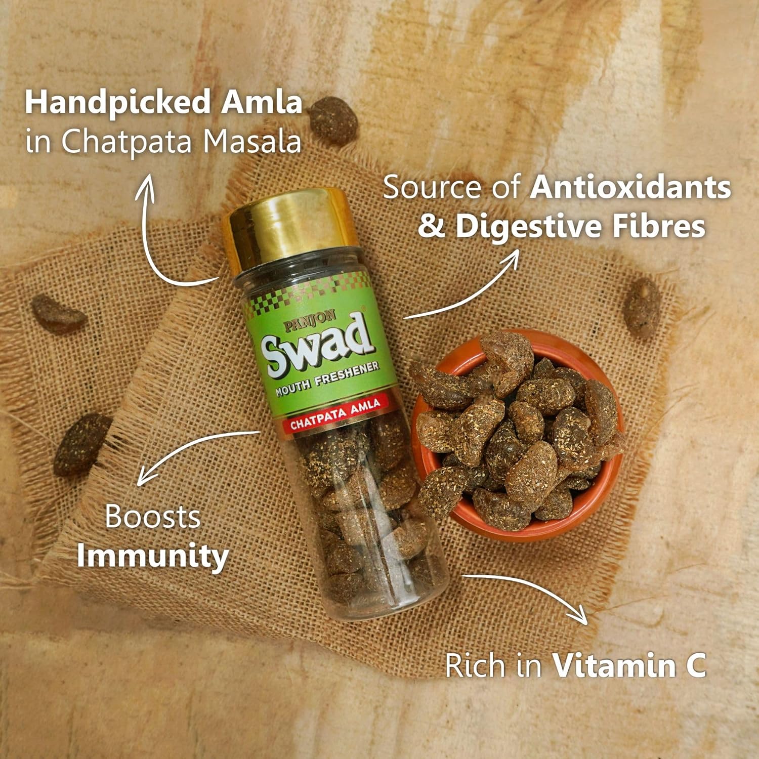 Panjon Swad Chatpata Amla & Calcutta Paan Mouth Fresheners 2 Bottles 215gm, - Image 2