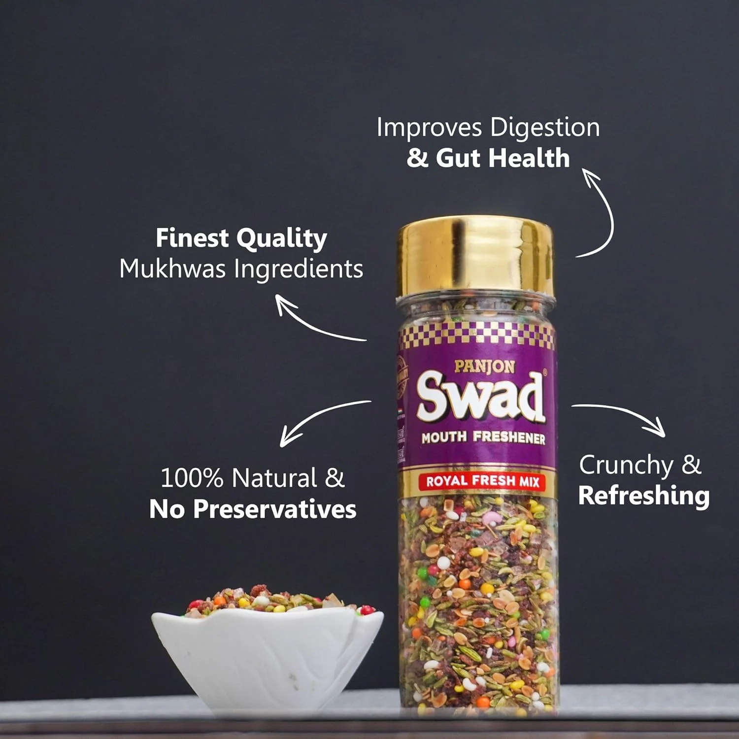 Panjon Swad Mouth Freshener Royal Fresh Mix Mukhwas 110gm, (Bottles) - Image 2