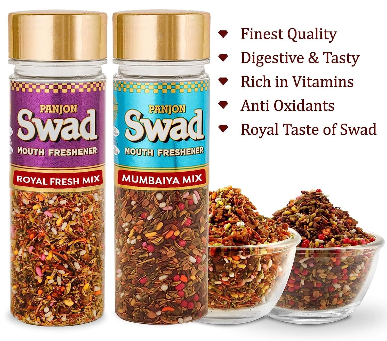 Panjon Swad Royal Fresh Mix & Mumbaiya Mix Mouth Fresheners 250gm, (125gm *2 Bottles) - Image 2