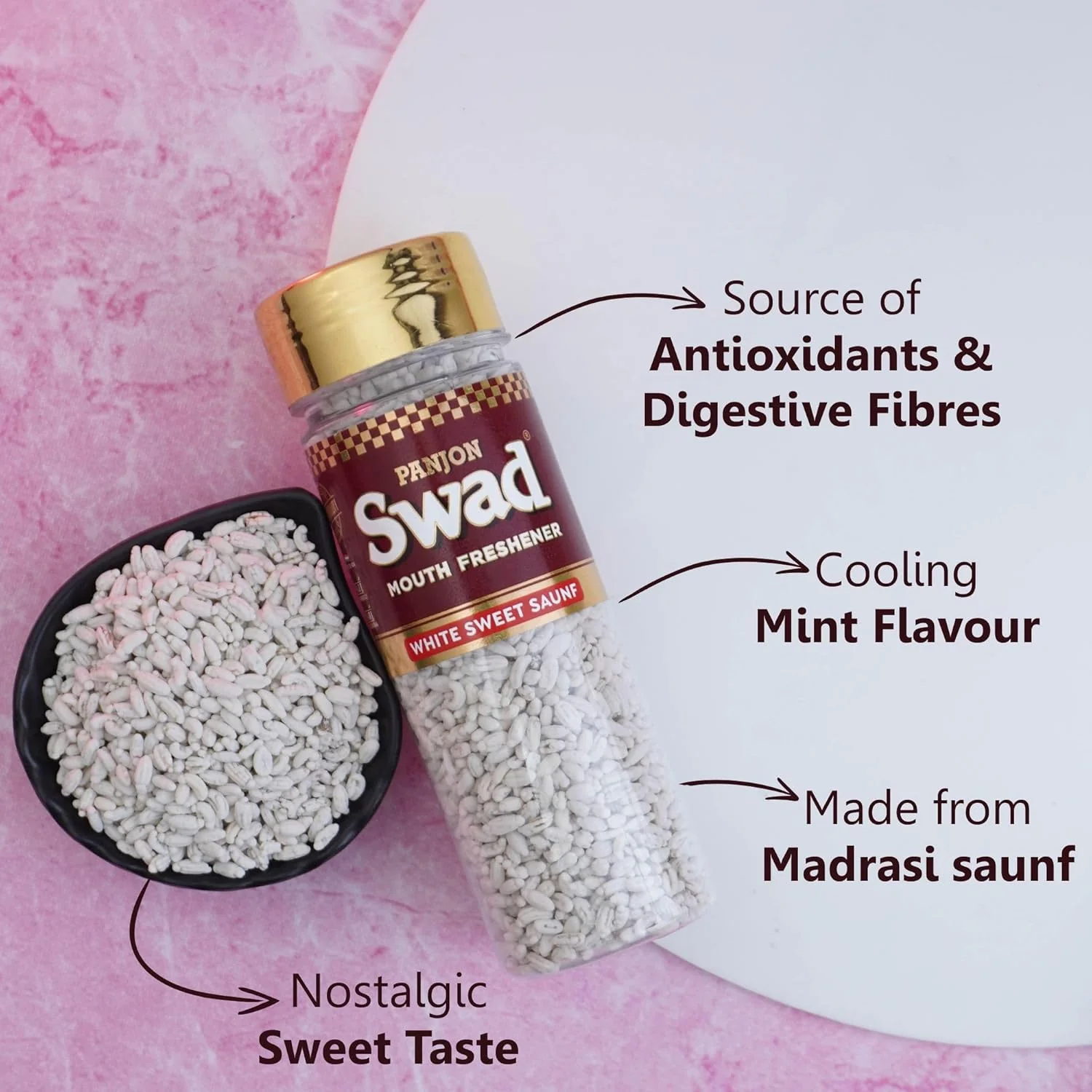 Panjon Swad White Sweet Saunf & Banarasi Paan Mouth Fresheners 220gm, (110gm *2 Bottles) - Image 2