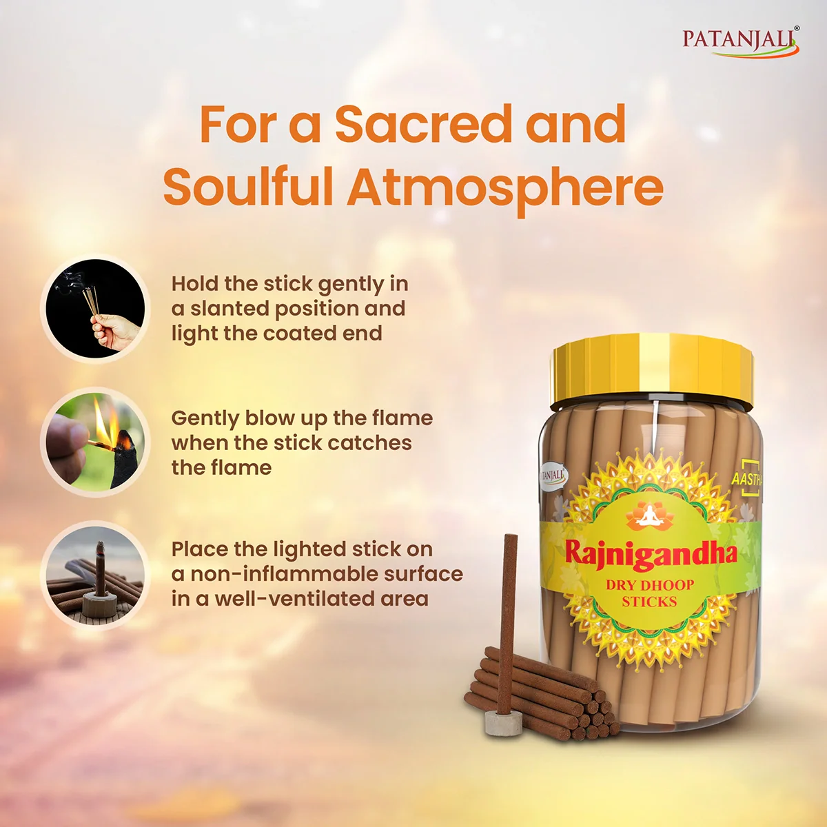 Patanjali Aastha Rajnigandha Dry Dhoop Stick, With Soothing & Long Lasting | 200gm - Image 6