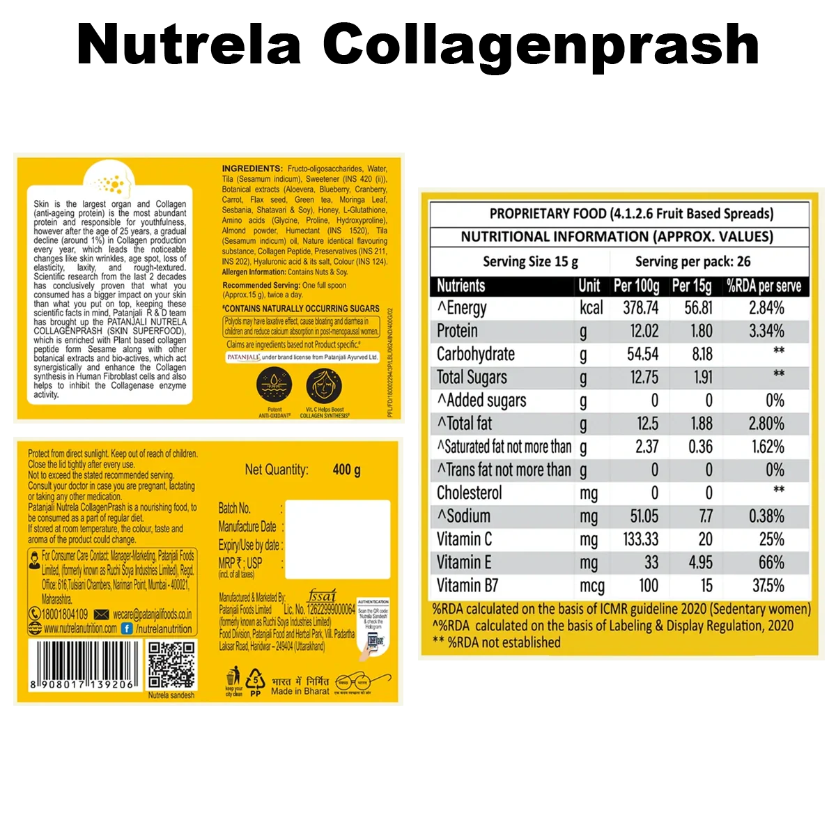 Patanjali Combo-Nutrela Collagenprash (400g) + Nutrela B12 Capsule (30n) + B-Complex (30n), 432gm - Image 2