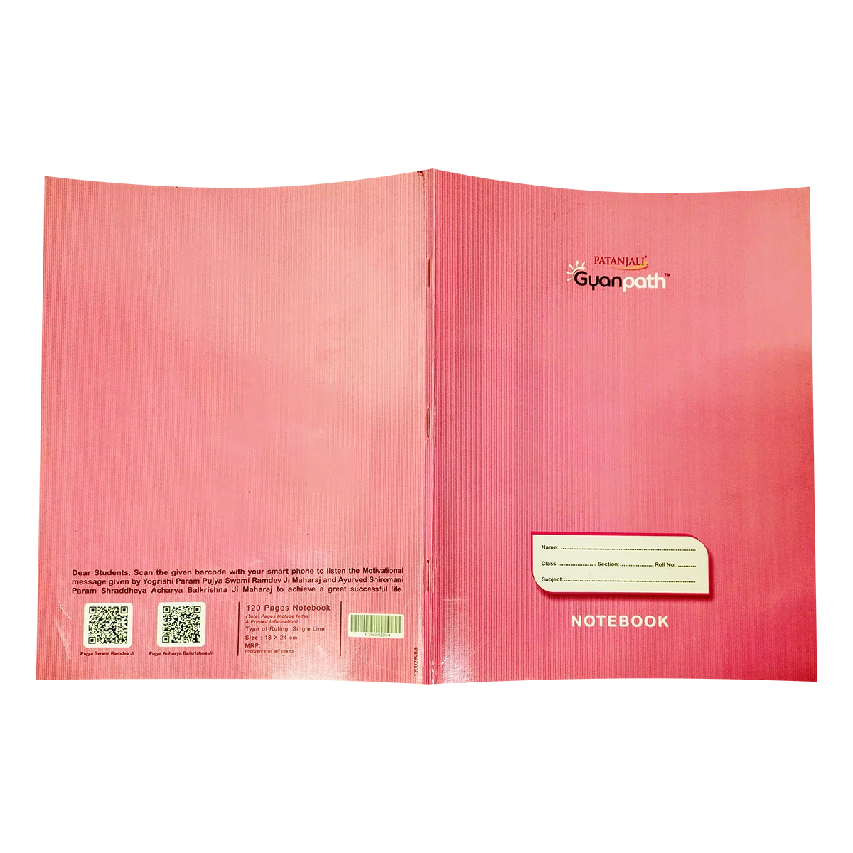 Patanjali Gyanpath Notebook (18x24 Cm) Pink 120pages Single Line, Pack Of 1
