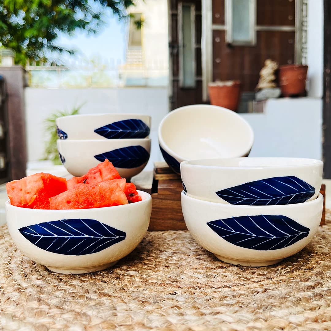 Patram Hand Painted Ceramic Dinner Set - 12 Pieces, White & Blue | 6 Dinner Plates + 6 Katori Bowls, 180ml Each Dinnerware Set | Serving For 6, Microwave Safe - Image 2