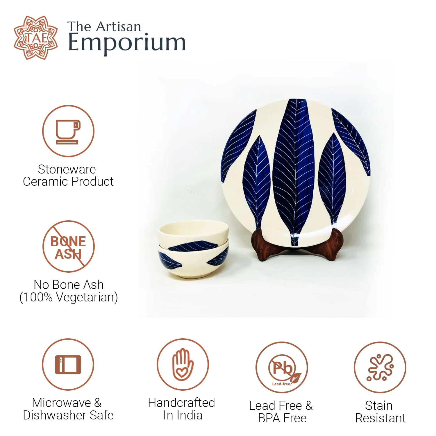 Patram Hand Painted Ceramic Dinner Set Of 20 Pieces With Serving Bowls - White & Blue | 6 Dinner Plates + 6 Side Plates+ 6 Katori Bowls, 180ml Each + 2 Serving Bowls, 800ml Each | Serving For 6 - Image 5