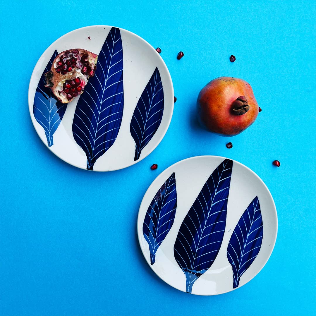 Patram Hand Painted Ceramic Quarter Plates Set Of 6 - White & Blue | Small Side Plates For Dinner & Snacks - 7 Inch, 6 Pieces, Microwave Safe - Image 2