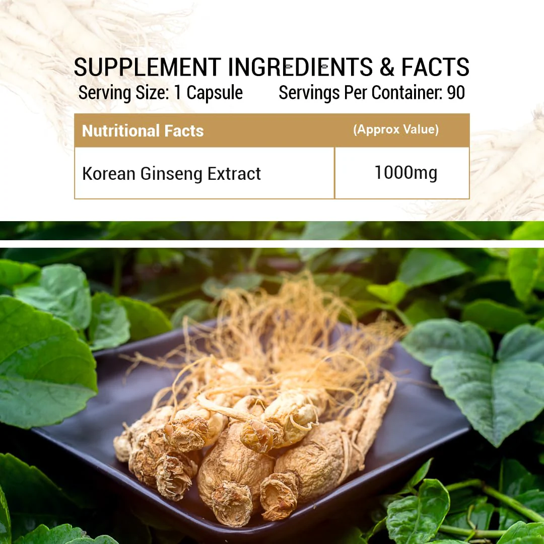 Prasatti Herbal Organic Korean Red Ginseng 1000mg Supports Energy, Vitality & Strength, For Men & Women | 90 Veg Capsules 150gm 0.3lbs - Image 2