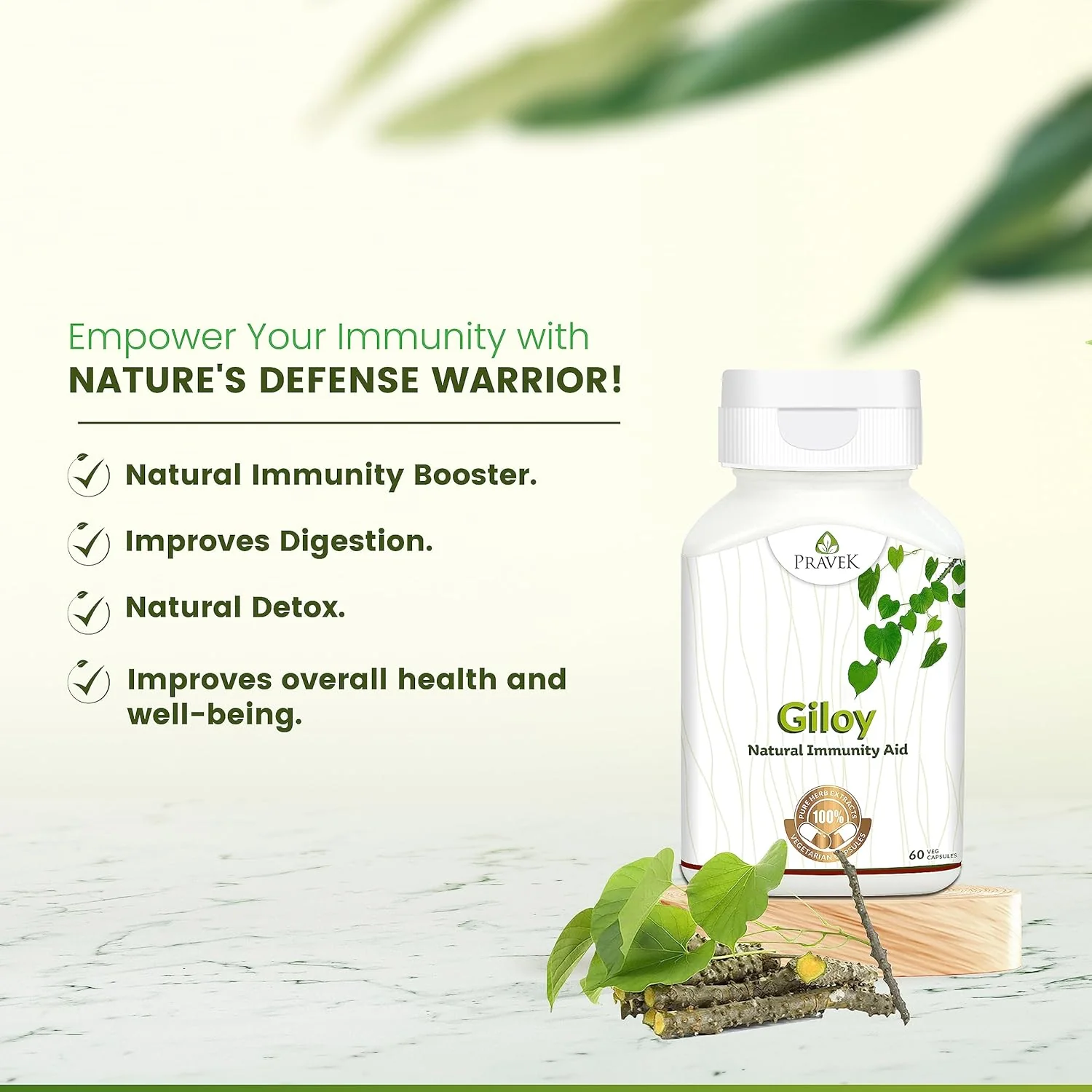 Pravek Giloy, Natural Immunity Aid Extract, Antioxidant Properties, Immunity Booster, Pure, Natural & Premium Quality, Improves Overall Health & Well - Being | 60 Capsules 100gm 0.2lbs - Image 2