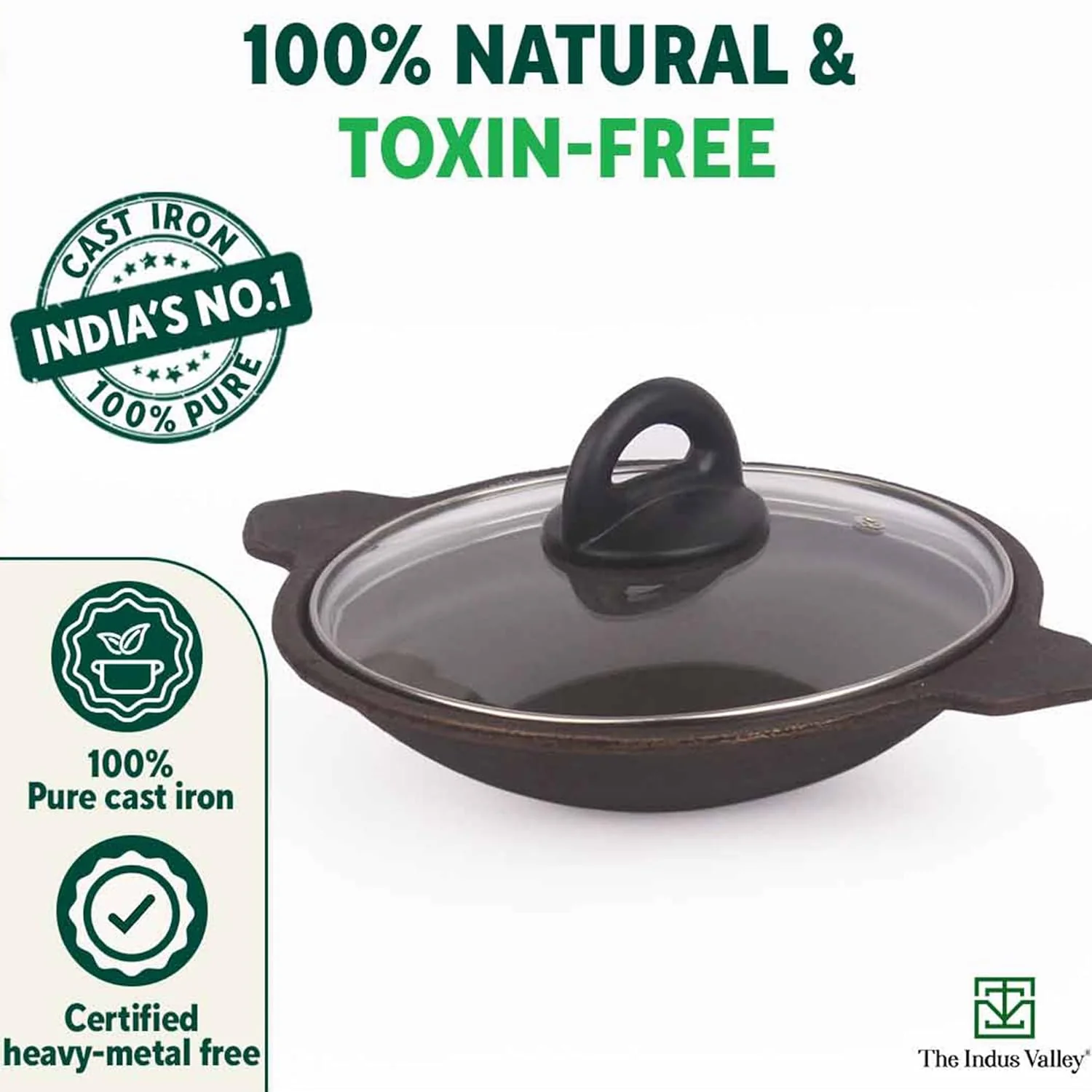 Pre-Seasoned Black Cast Iron Appam Pan With Glass Lid - 25.4 Cm, 10 Inch, 1.5 Kg | Gas Compatible, Nonstick Appam Pan, 100% Pure & Toxin-Free, No Chemical Coating - Image 4