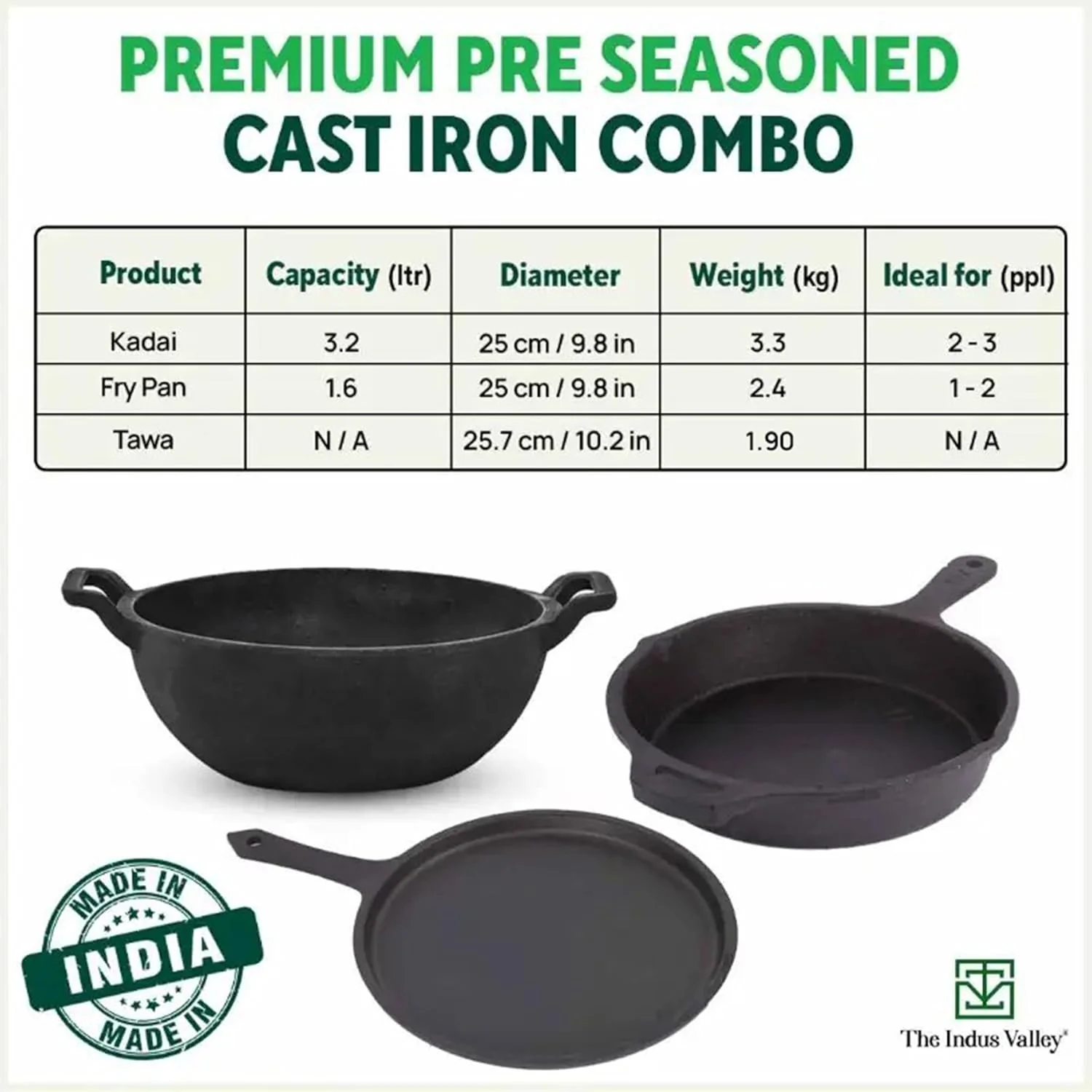 Pre-Seasoned Black Cast Iron Cookware Set + Free Tadka Pan | Tawa 25.7cm + Kadai 25.4, 3.2 Liters + Fry Pan 25cm, 1.6 Liters - Kitchen Cooking Combo Pots & Pans Set Of 4 Pc | Naturally Nonstick - Image 2