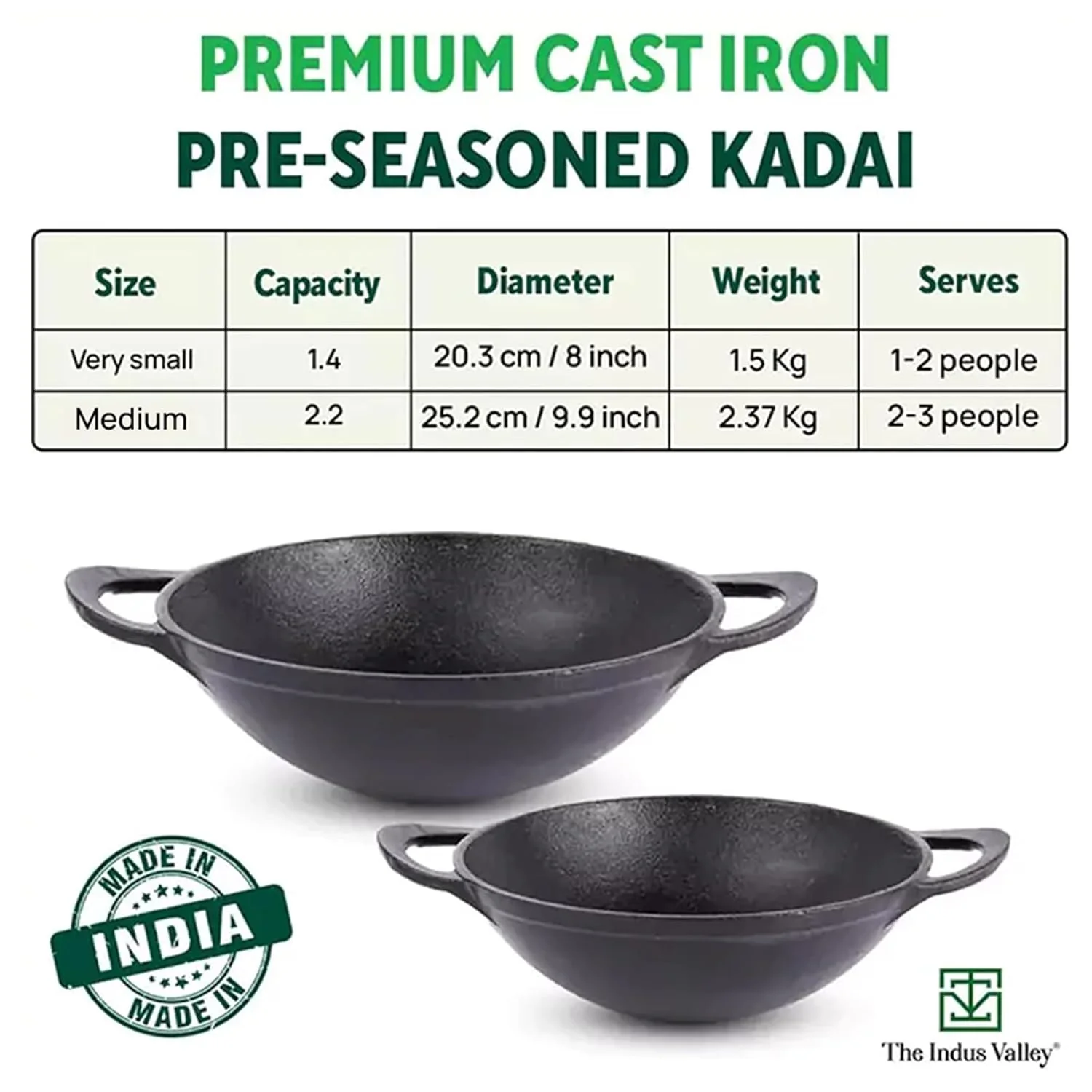 Pre-Seasoned Black Cast Iron Cookware Set - Kadai 20.3cm, 1.4 Liters + Kadai 25.2cm, 2.2 Liters | Kitchen Cooking Combo Pots & Pans Set Of 2 Pcs - Naturally Nonstick - Image 2