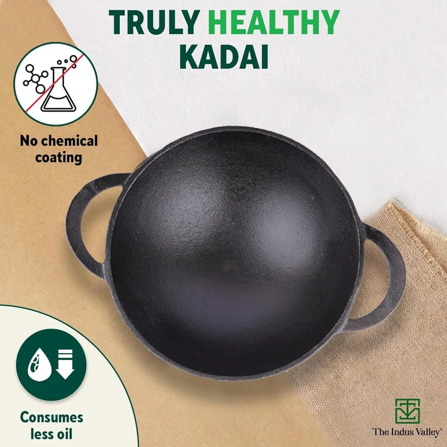 Pre-Seasoned Black Cast Iron Cookware Set - Kadai 20.3cm, 1.4 Liters + Kadai 25.2cm, 2.2 Liters | Kitchen Cooking Combo Pots & Pans Set Of 2 Pcs - Naturally Nonstick - Image 3
