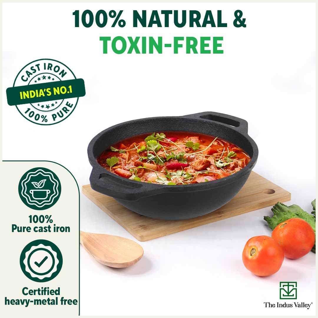 Pre-Seasoned Black Cast Iron Cookware Set - Kadai 20.5cm, 1.4 Liters + Kadai 25.6cm, 2.4 Liters | Kitchen Cooking Combo Pots & Pans Set Of 2 Pcs - Naturally Nonstick - Image 4