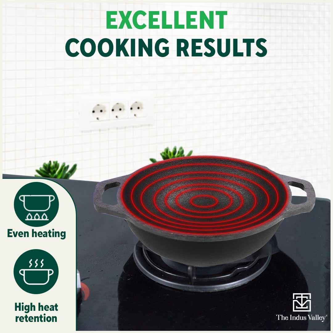 Pre-Seasoned Black Cast Iron Cookware Set - Kadai 20.5cm, 1.4 Liters + Kadai 25.6cm, 2.4 Liters | Kitchen Cooking Combo Pots & Pans Set Of 2 Pcs - Naturally Nonstick - Image 5