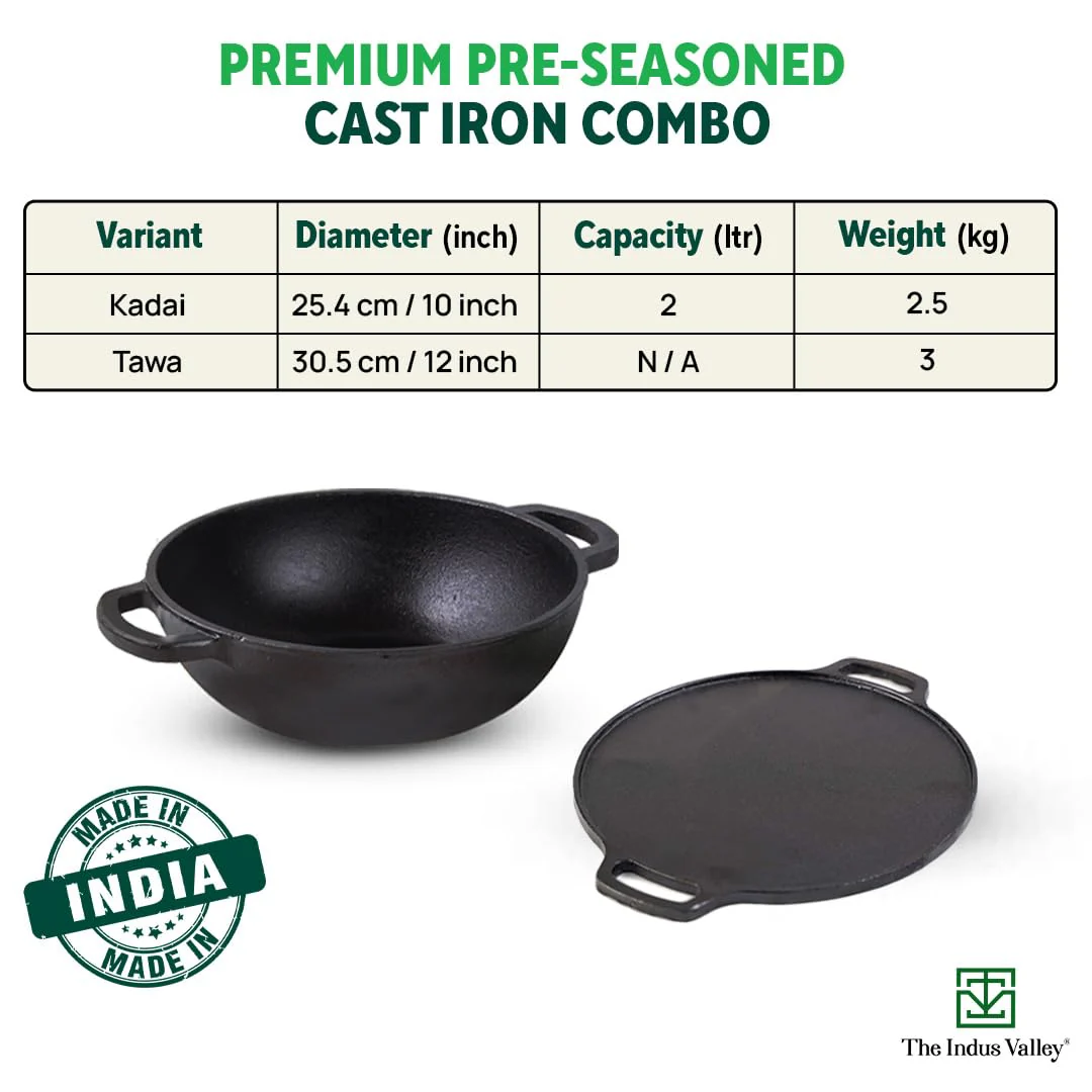 Pre-Seasoned Black Cast Iron Cookware Set - Tawa 30cm + Kadai 25.4 Cm, 2.3 Liters | Kitchen Cooking Combo Pots & Pans Set Of 2 Pcs - Naturally Nonstick - Image 5