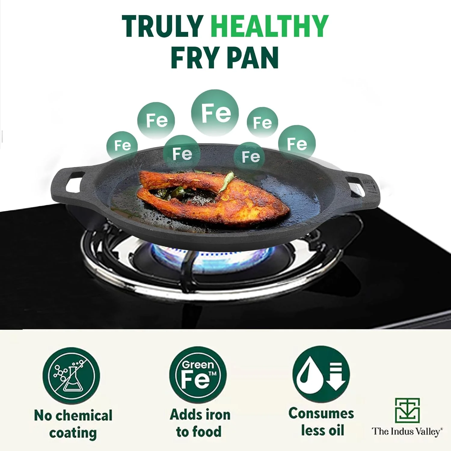 Pre-Seasoned Black Cast Iron Fish Fry Pan With Double Handle - Medium 22.4 Cm, 8.8 Inch, 1.5 Kg | Induction Friendly, Nonstick Fish Fry Pan, 100% Pure & Toxin Free, No Chemical Coating - Image 3