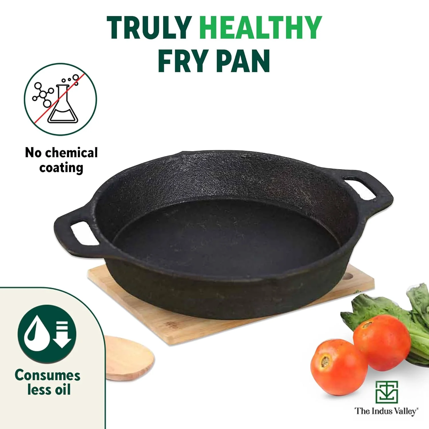 Pre-Seasoned Black Cast Iron Fry Pan Or Skillet With Double Handle - Medium 24.6 Cm, 9.7 Inch, 1.8 Liters, 2.6 Kg | Induction Friendly, Nonstick Fry Pan, 100% Pure & Toxin Free, No Chemical Coating - Image 3