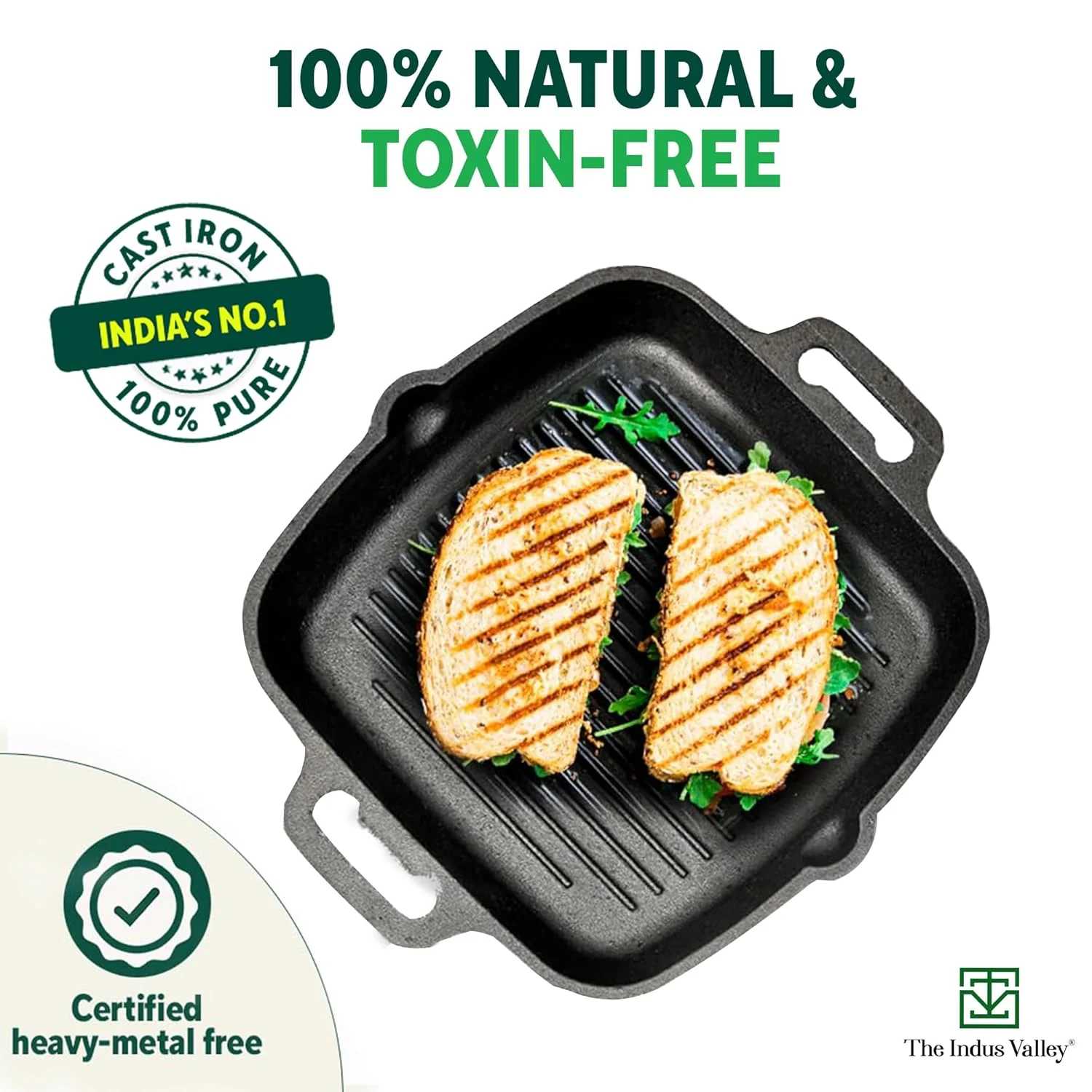 Pre-Seasoned Black Cast Iron Grill Pan With Double Handle - Medium, 26.7 Cm, 10.5 Inch, 1.8 Liters, 3.3 Kg | Induction Friendly, 100% Pure & Toxin-Free, No Chemical Coating - Image 4