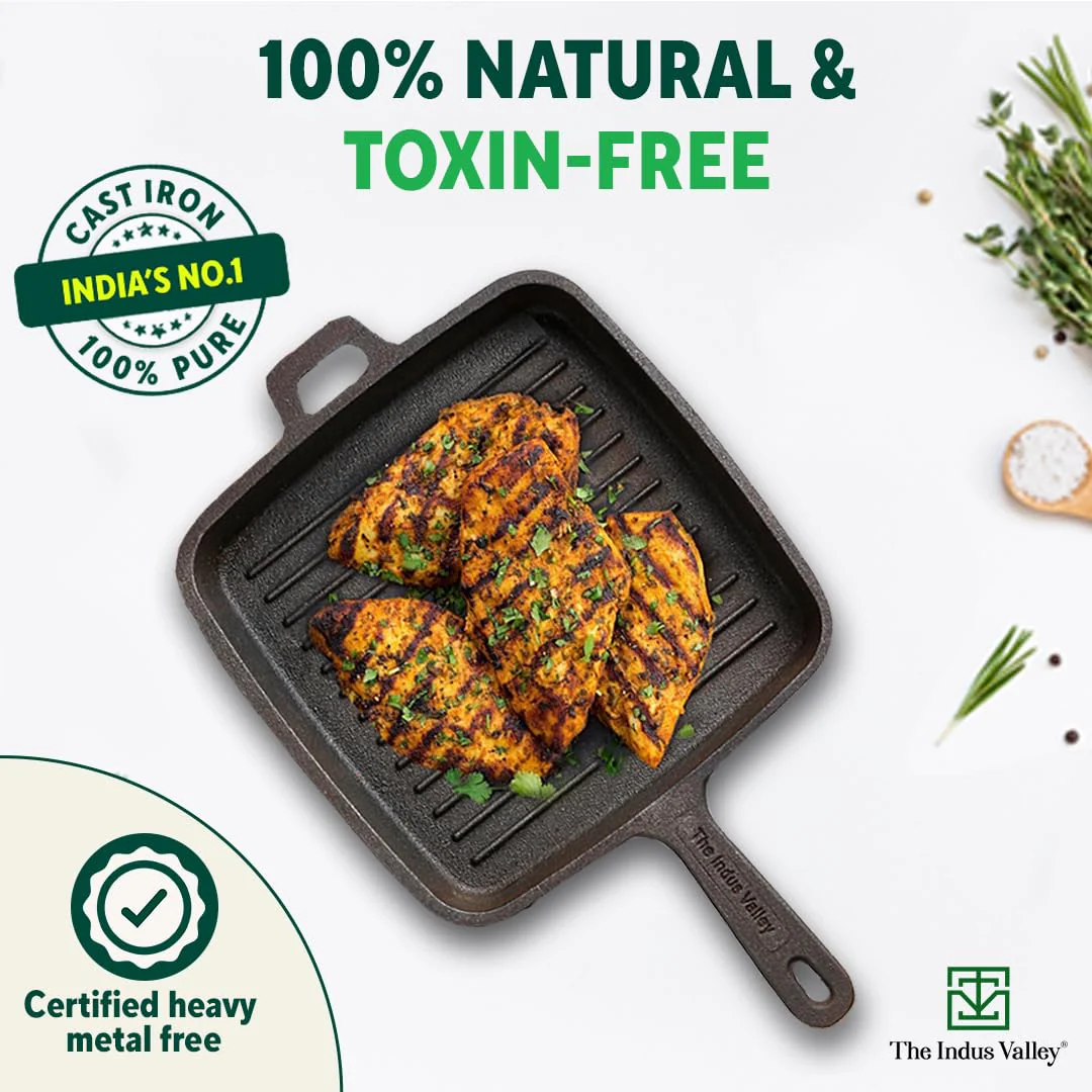 Pre-Seasoned Black Cast Iron Grill Pan With Long Handle - Medium, 25 Cm, 9.8 Inch, 1.5 Ltr, 3.4 Kg | Induction Friendly, 100% Pure & Toxin-Free, No Chemical Coating - Image 4