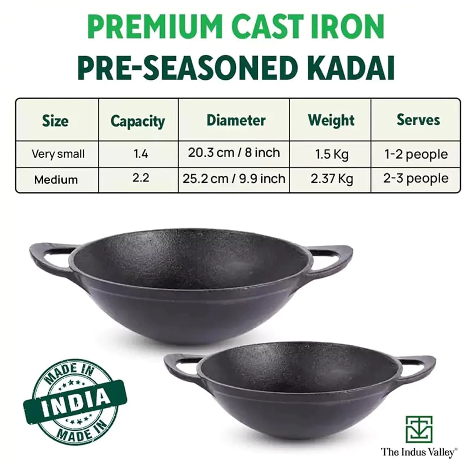 Pre-Seasoned Black Cast Iron Kadai With Curve Handle - Medium, 25.2cm, 10 Inch, 2.2 Liters, 2.3 Kg | Gas Compatible, Naturally Nonstick, 100% Pure & Toxin-Free - Image 2