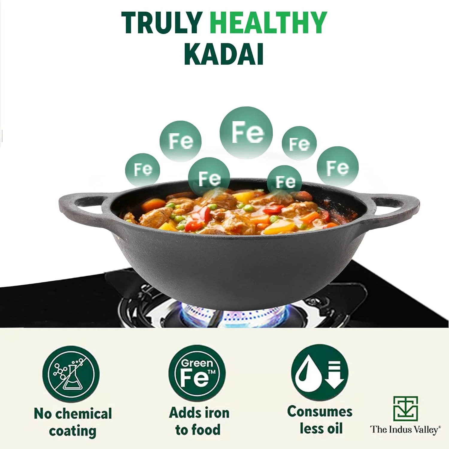 Pre-Seasoned Black Cast Iron Kadai With Curve Handle - Medium, 25.2cm, 10 Inch, 2.2 Liters, 2.3 Kg | Gas Compatible, Naturally Nonstick, 100% Pure & Toxin-Free - Image 3