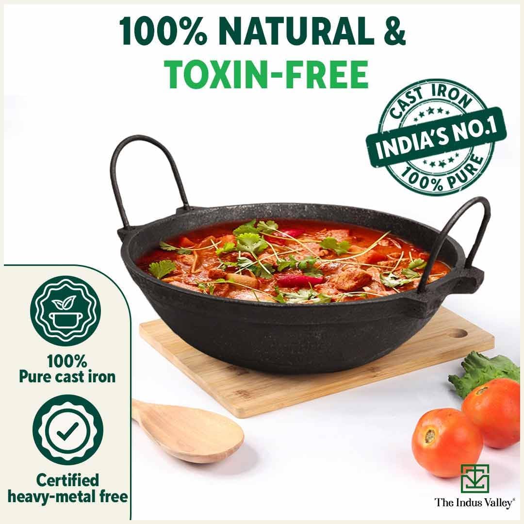 Pre-Seasoned Black Cast Iron Kadai With Saute - Small, 24 Cm, 9.4 Inch, 2 Liters, 2.8 Kg | Naturally Nonstick Kadhai, 100% Pure & Toxin-Free, No Chemical Coating - Image 4