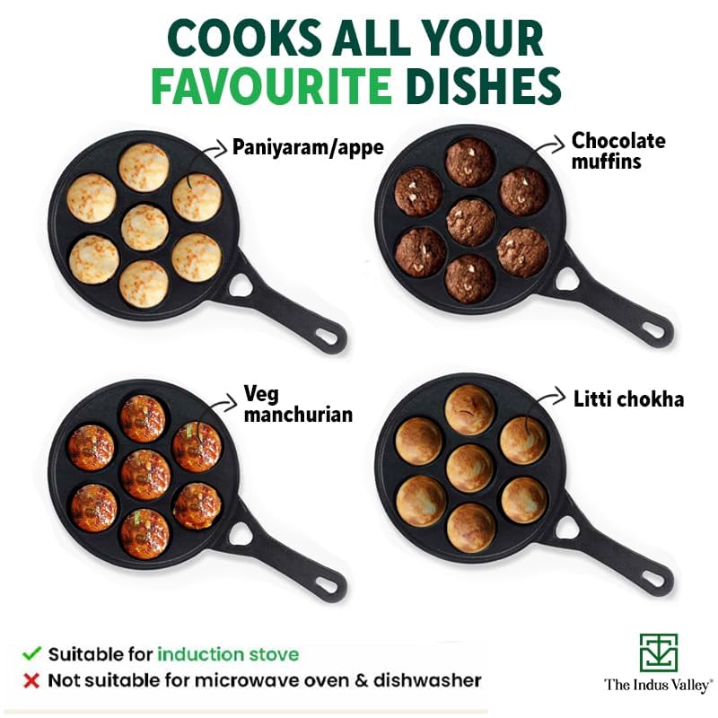 Pre-Seasoned Black Cast Iron Paniyaram Pan With Free Wooden Picker - 7 Pits, 21cm, 8.3 Inch, 1.7 Kg | Induction Friendly, Pre-Seasoned Paddu Pan, 100% Pure & Toxin-Free, No Chemical Coating - Image 9
