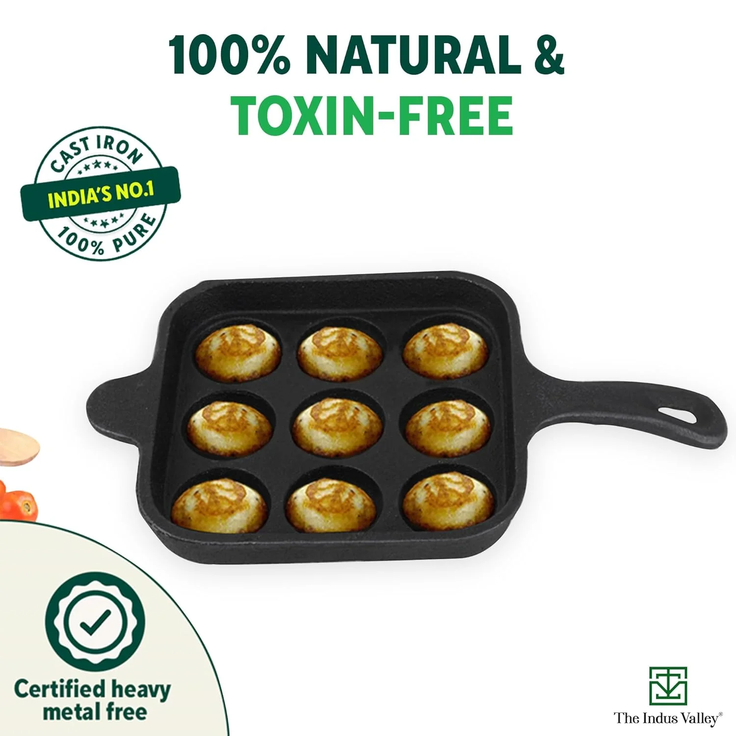 Pre-Seasoned Black Cast Iron Square Paniyaram Pan With Free Wooden Picker - 9 Pits, 18cm, 7.1 Inch, 2.4 Kg | Induction Friendly - Pre-Seasoned Paddu Pan, 100% Pure & Toxin-Free, No Chemical Coating - Image 4