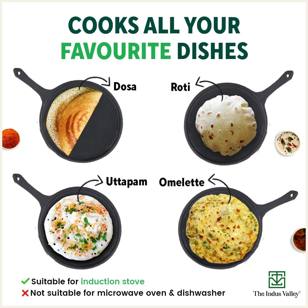 Pre-Seasoned Black Cast Iron Tawa With Free Wooden Spatula For Dosa, Chapathi - 25.7cm, 10.3 Inch, 2 Kg | Induction Friendly, Naturally Nonstick, 100% Pure & Toxin-Free, No Chemical Coating - Image 10