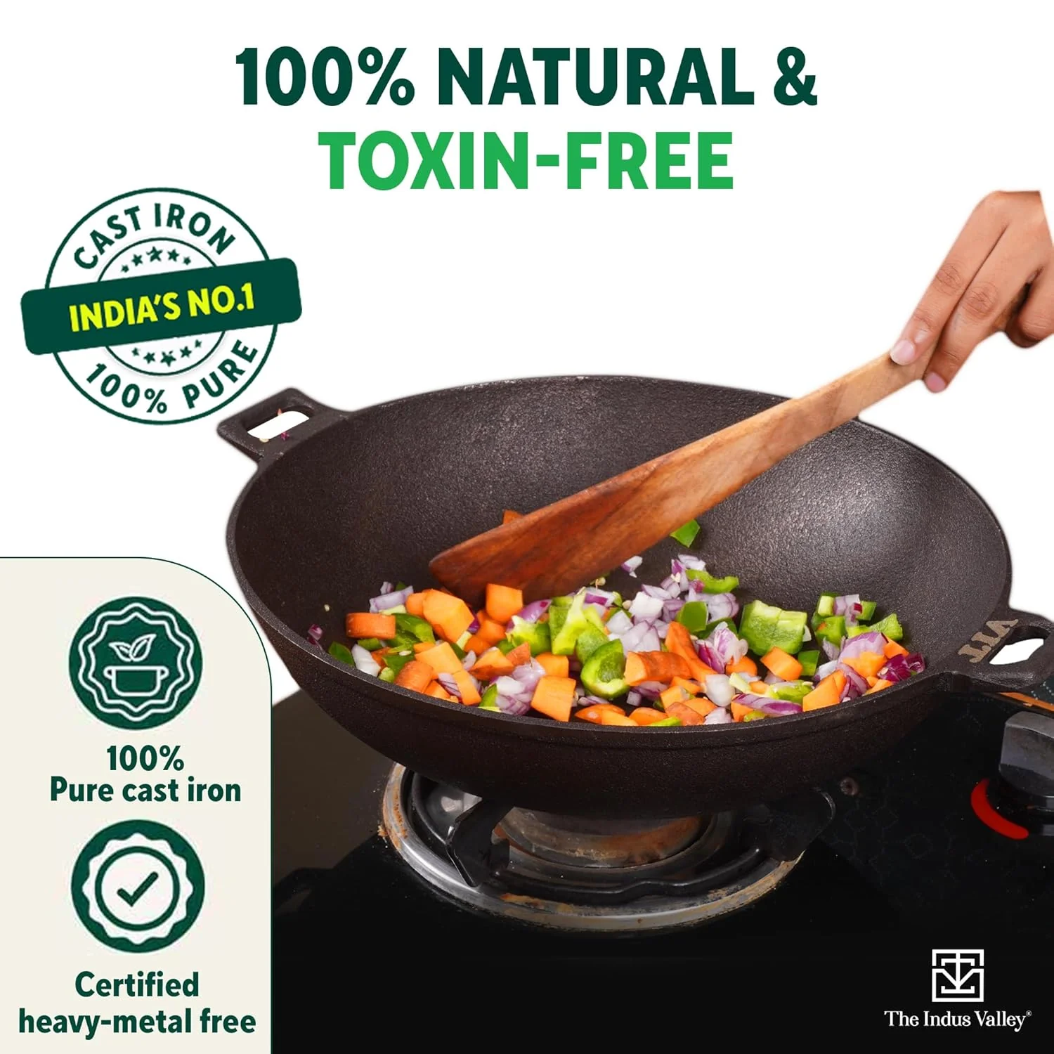 Pre-Seasoned Black Cast Iron Wok Kadai - Large, 31cm, 12 Inch, 3.2 Liters, 2.8 Kg | Induction Friendly, Naturally Nonstick, 100% Pure & Toxin-Free, No Chemical Coating - Image 4
