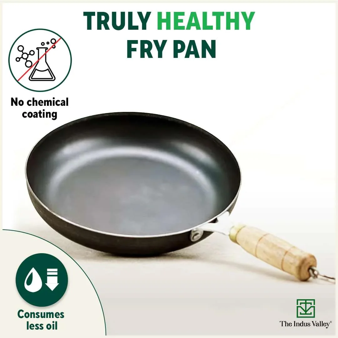 Pre-Seasoned Black Iron Fry Pan With Wooden Handle - Large, 30.4 Cm, 12 Inch, 3.6 Ltr, 1.4 Kg | Induction Friendly, Pre-Seasoned Fry Pan, 100% Pure & Toxin-Free, No Chemical Coating - Image 2