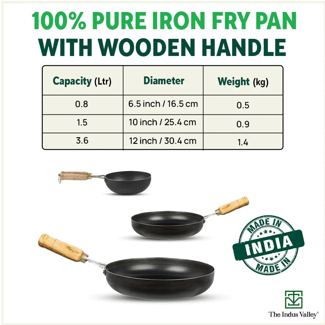 Pre-Seasoned Black Iron Fry Pan With Wooden Handle - Large, 30.4 Cm, 12 Inch, 3.6 Ltr, 1.4 Kg | Induction Friendly, Pre-Seasoned Fry Pan, 100% Pure & Toxin-Free, No Chemical Coating - Image 3