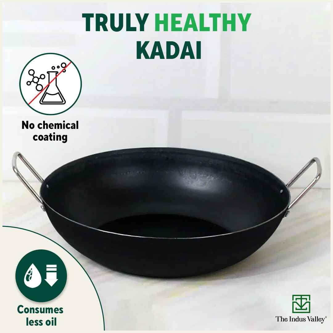 Pre-Seasoned Black Iron Kadai With Strong Handles - Medium, 25 Cm, 9.6 Inch, 2 Liters, 0.95 Kg | Induction Friendly, Pre-Seasoned Iron Kadhai, 100% Pure & Toxin-Free, No Chemical Coating - Image 2