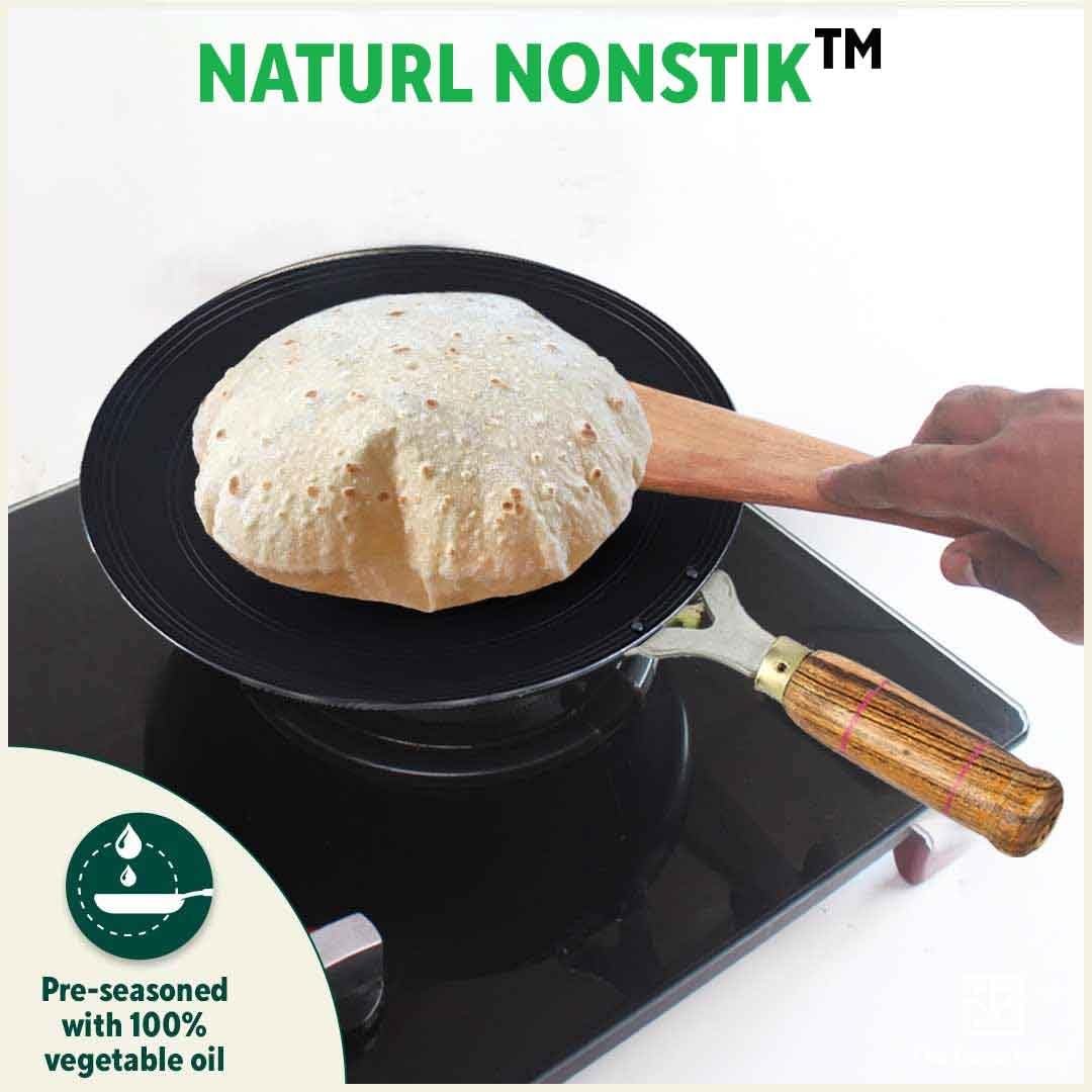 Pre-Seasoned Black Iron Tawa For Dosa, Chapathi With Wooden Handle - 27cm, 10.6 Inch, 0.95 Kg | Gas Stove Friendly, 100% Pure & Toxin-Free, No Chemical Coating - Image 7