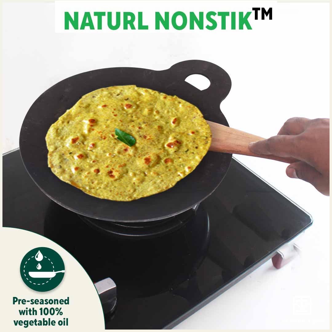 Pre-Seasoned Black Iron Tawa With Wooden Spatula & Flip For Dosa, Chapathi - 28cm, 11 Inch, 1.5 Kg | Gas Compatible, 100% Pure & Toxin-Free, No Chemical Coating - Image 6