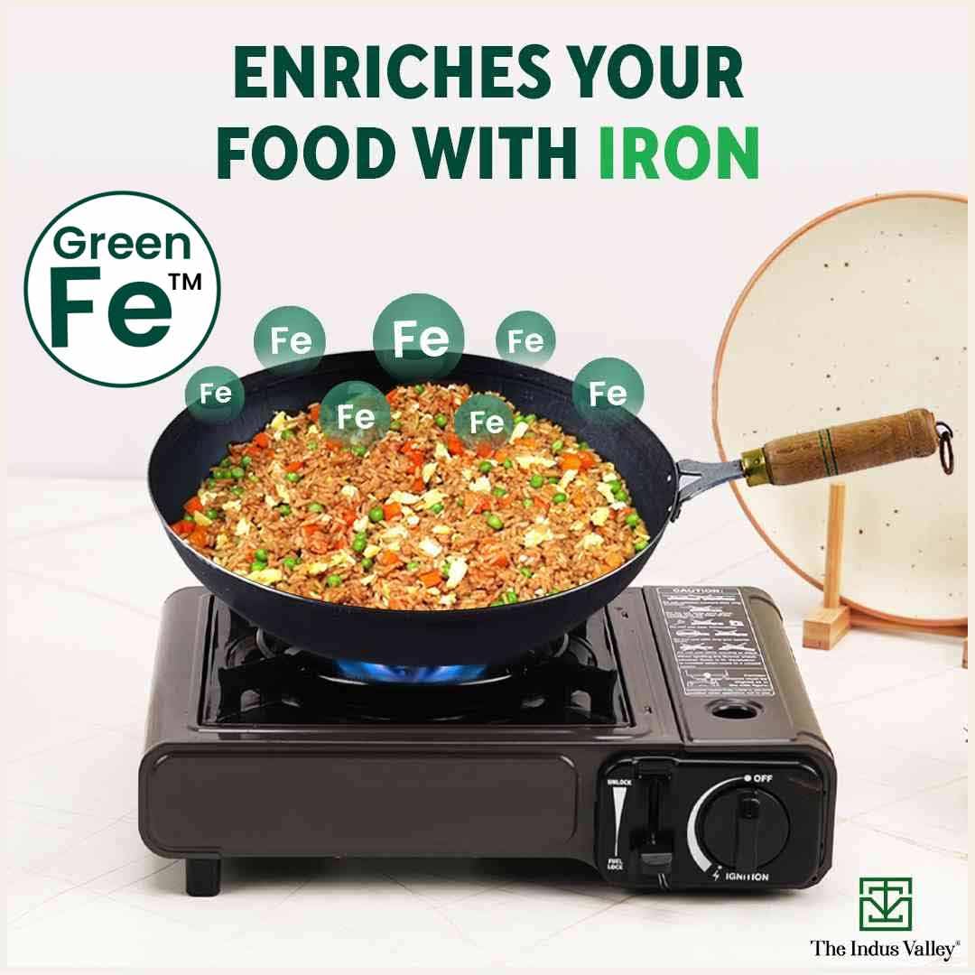 Pre-Seasoned Black Iron Wok With Strong Wooden Handle - Small, 25.4 Cm, 10 Inch, 2.2 Liters, 1 Kg | Gas Compatible, Pre-Seasoned Wok, 100% Pure & Toxin-Free, No Chemical Coating - Image 5