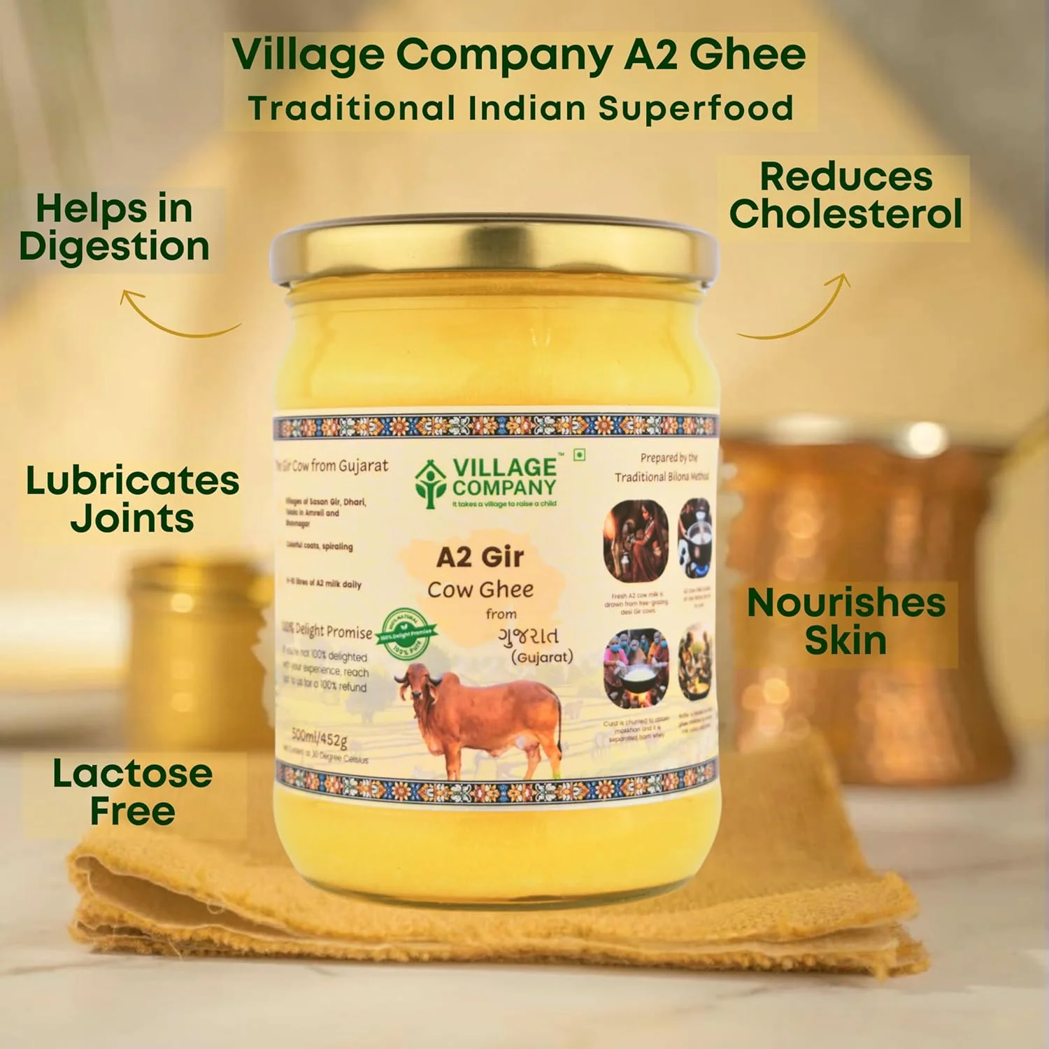 Premium A2 Cow Desi Ghee By Village Company | Rich In Nutrients Calcium & Iron Pure Healthy Desi Cow Ghee For Hair | (1 Litr) 33.8 Ounce | Jar Pack - Image 2