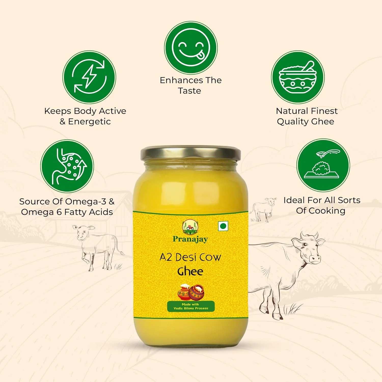 Premium A2 Desi Cow Ghee By Pranajay | Highly Nutritious & Healthy Vedic Bilona Method Desi Ghee Good For Protact Eyesight | (250ml) 8.4 Ounce | Jar Pack - Image 3