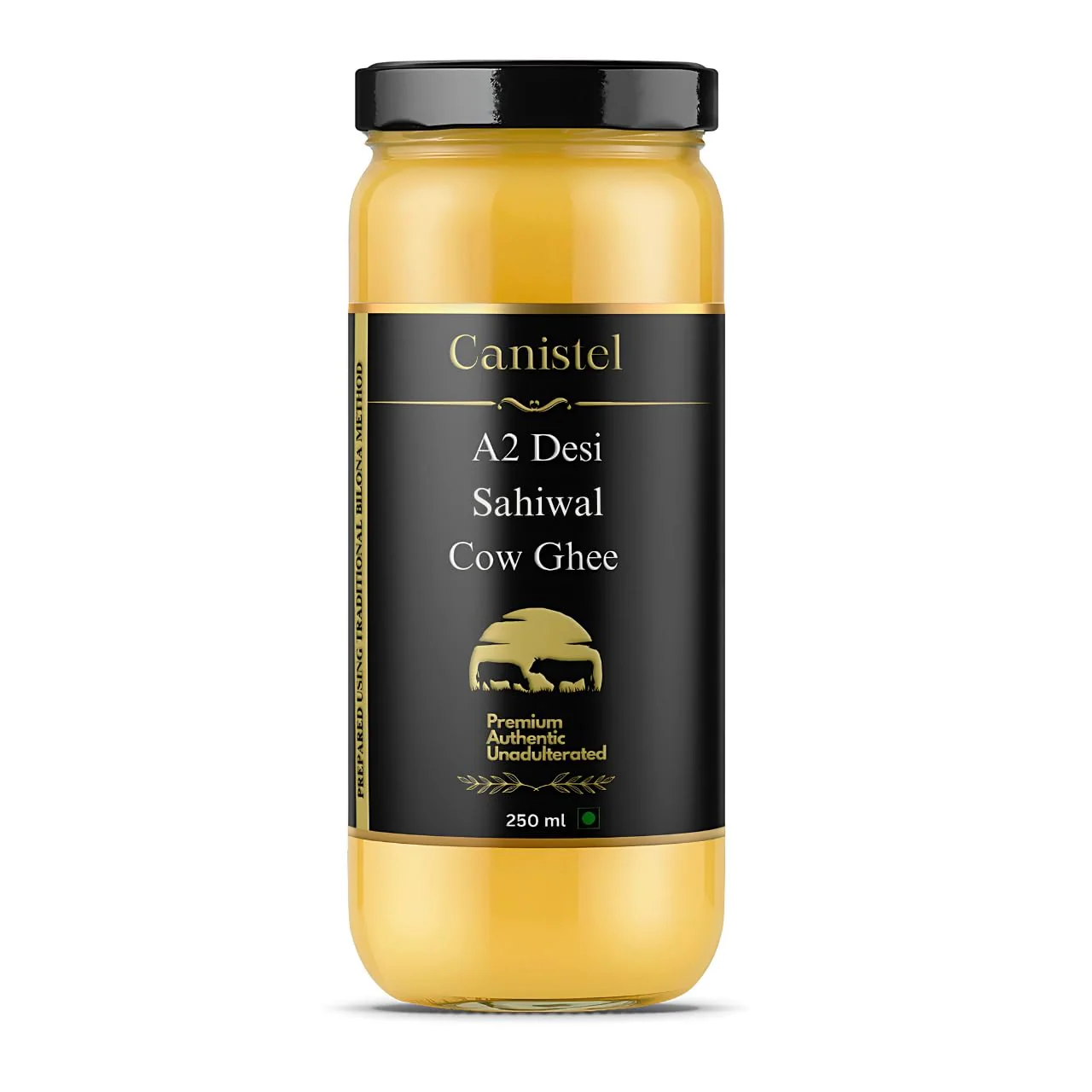 Premium A2 Desi Sahiwal Cow Ghee By Canistel | Traditionally Hand Churned With Bilona Method Healthy Pure Desi Ghee For Weight Management | (250ml) 8.4 Ounce | Glass Jar