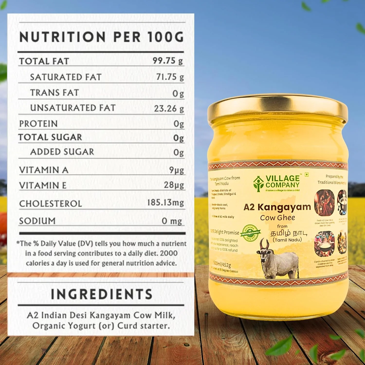 Premium A2 Kangayam Cow Ghee By Village Company | Rich In Nutrients Calcium & Iron Pure Healthy Desi Cow Ghee Good For Bones Health | (500ml) 16.9 Ounce | Jar Pack - Image 2