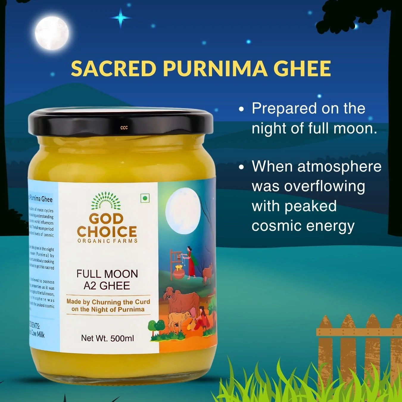 Premium Full Moon A2 Desi Cow Ghee By God Choice Organic Farms | High In Protein Fiber Healthy Desi Ghee For Baking & Dishes | (500ml) 16.9 Ounce | Jar Pack - Image 3