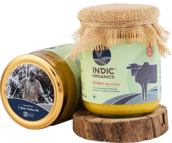 Premium Ghritam Vedic A2 Ghee By Indic Organics | Good Source Of Healthy & Nutritious Desi Cow Ghee For Protact Eyesight | (250ml) 8.4 Ounce | Jar Pack