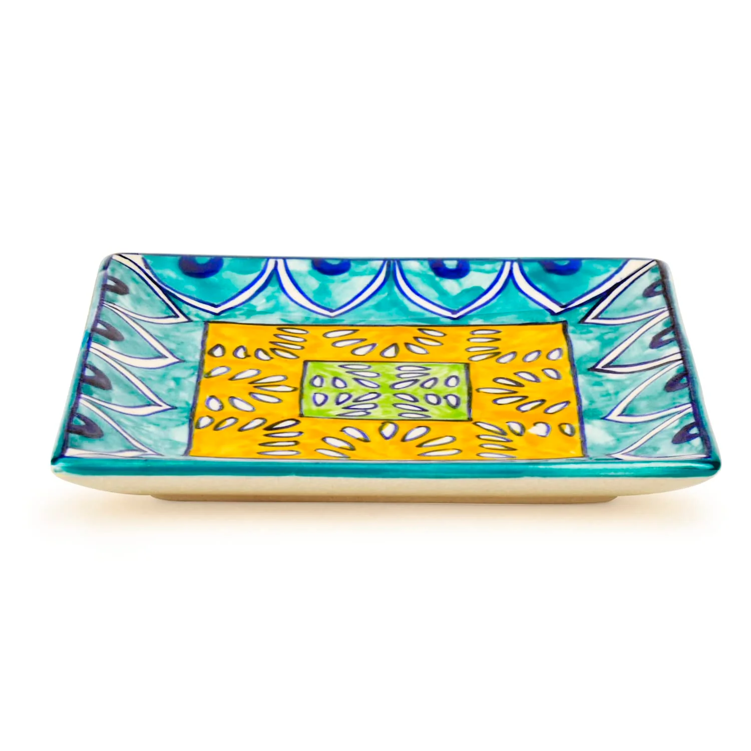 Premium Hand Painted In Traditional Design Ceramic Square Platter - Blue & Yellow, L X B – 18 Cm X 18 Cm | Starter Serving Tray - Image 3