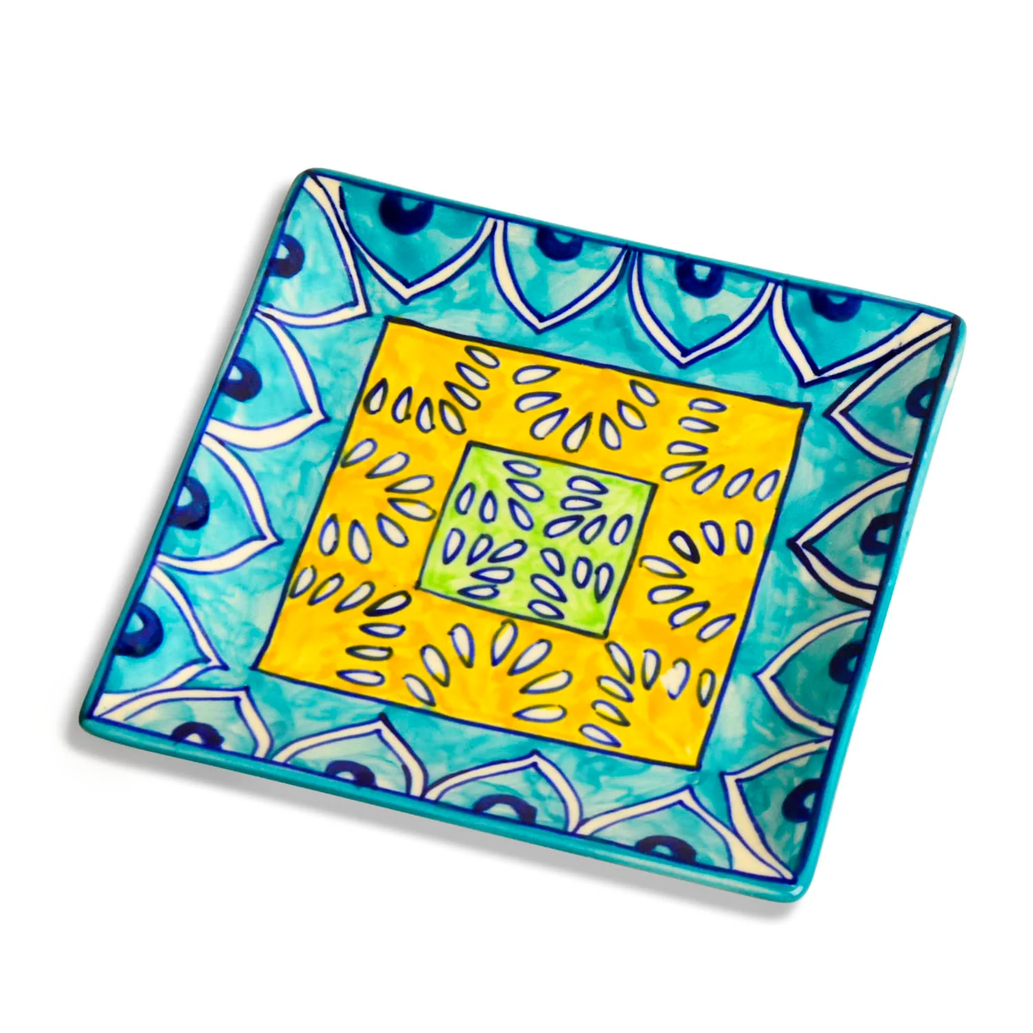 Premium Hand Painted In Traditional Design Ceramic Square Platter - Blue & Yellow, L X B – 18 Cm X 18 Cm | Starter Serving Tray - Image 5