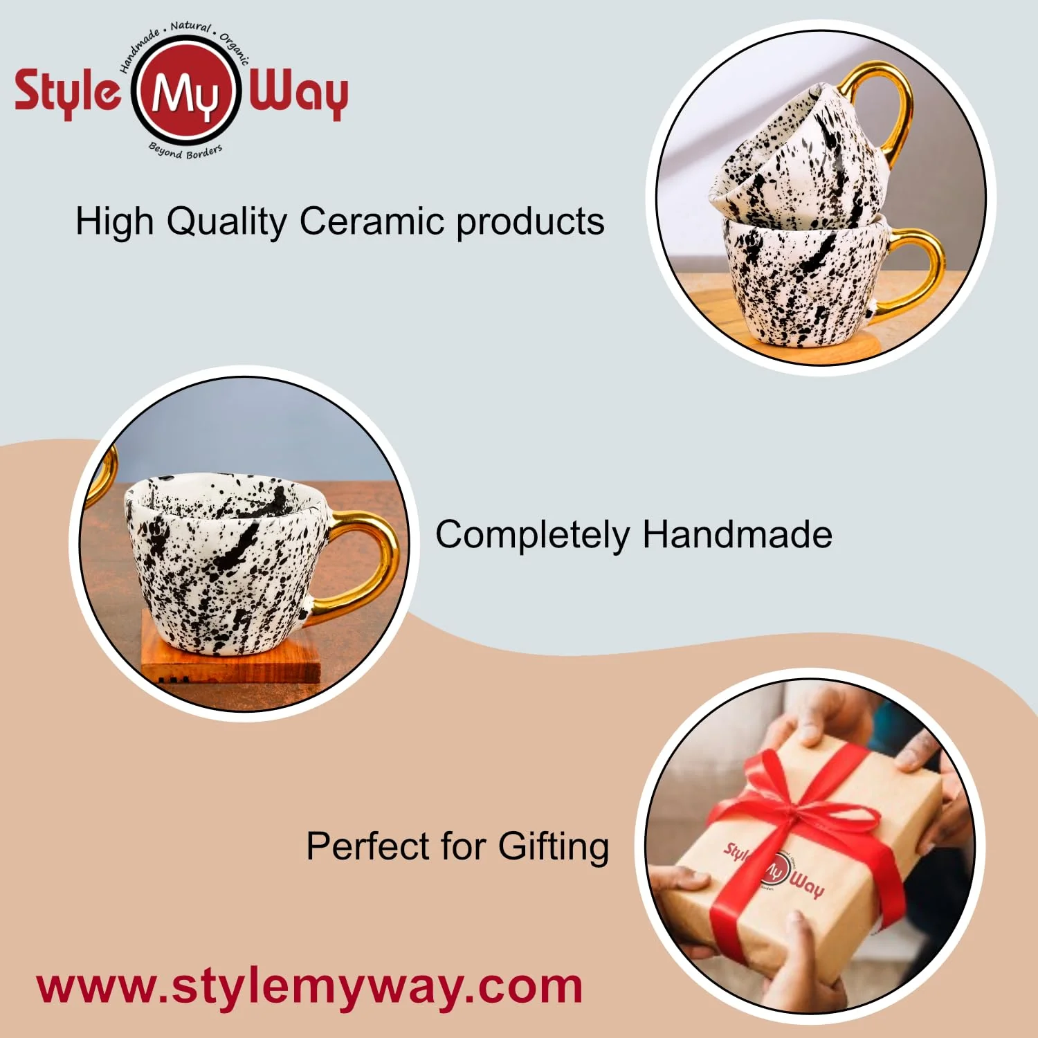 Premium Handmade Dalmation Ceramic Coffee Mugs With Golden Handle Set Of 2 - 200ml Each, White & Black | Tea Cups & Mugs - Chai Cups - Image 5