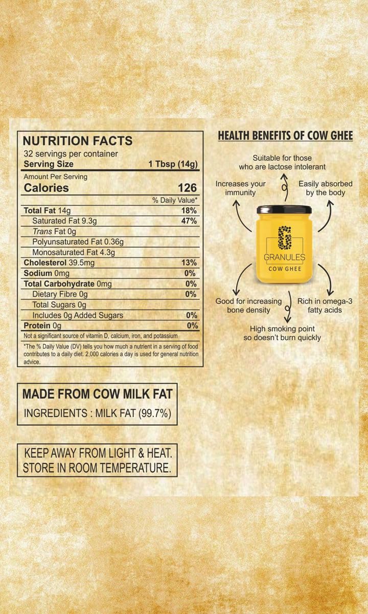 Premium Natural Cow Ghee By Granules | Healthy & Flavorful Nutrients Pure Cow Desi Ghee Good For Pooja | 1 Litre (500ml * 2) 33.8 Ounce | Jar Pack - Image 3