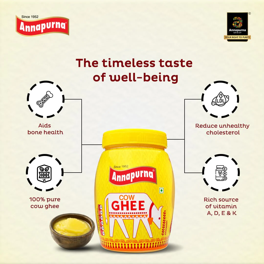 Premium Pure Cow Ghee By Annapurna | Rich In Vitamin A, D, E & K Healthy Nutrients Pure Desi Ghee Protact Your Eyesight | (1 Litre) 33.8 Ounce | Jar Pack - Image 4