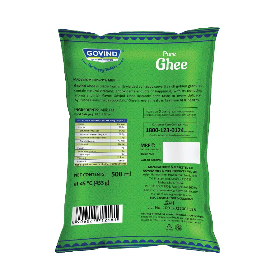 Premium Pure Cow Ghee By Govind | Rich In Vitamins A, D & E Healthy Nutrients Desi Ghee Good For Boost Immunity | (500ml) 16.9 Ounce | Pouch Pack - Image 3