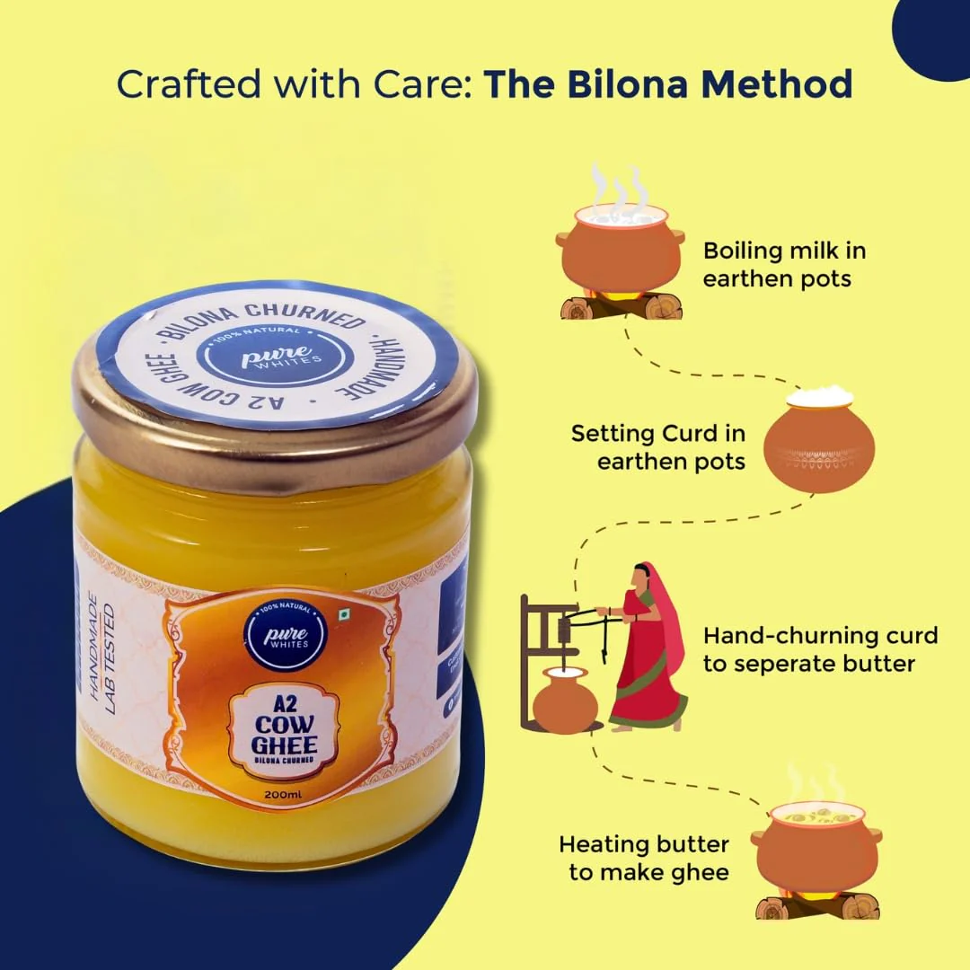 Pure A2 Cow Ghee By Pure Whites | Homemade Organic & Fresh Ghee Prepared Using Traditional Vedic Bilona Method | (200ml) 6.7 Ounce | Jar Pack - Image 3