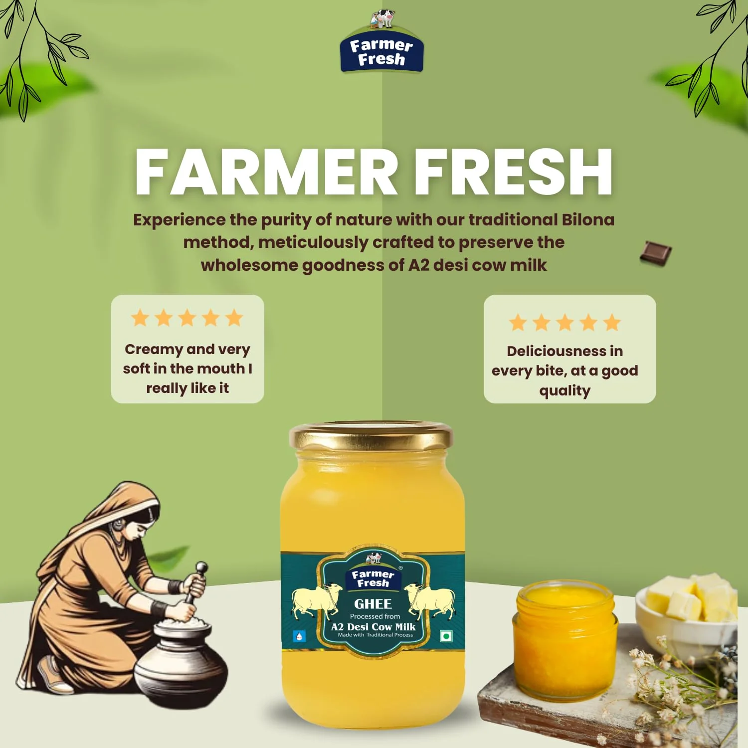 Pure A2 Desi Cow Ghee By Farmer Fresh | Highly Nutritious Rich Flavor & Ayurvedic Benefits Pure Desi Ghee For Good Health | (1 Litr) 33.8 Ounce | Jar Pack - Image 5